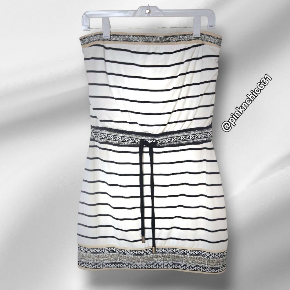 White House Black Market Bohemian Black and White Strapless Striped Dress - Picture 3 of 15